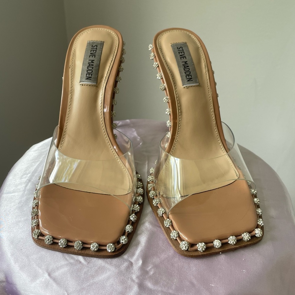 Steve Madden Zaylee square toe clear heels with gemstone border